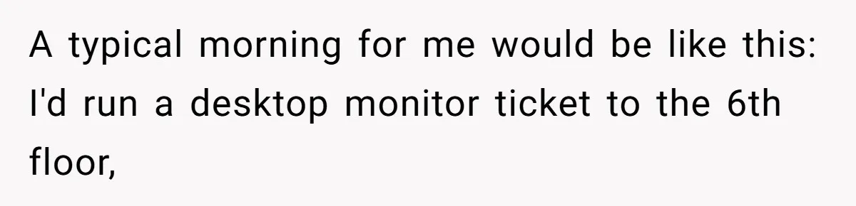 A typical morning for me would be like this: I'd run a desktop monitor ticket to the 6th floor,