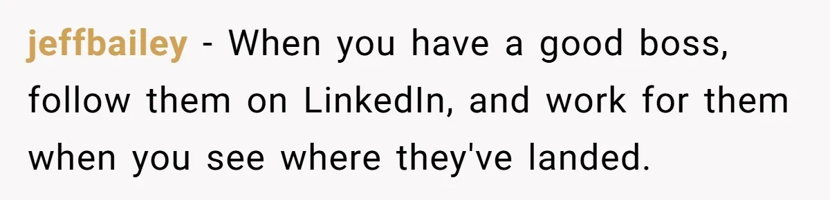 jeffbailey − When you have a good boss, follow them on LinkedIn, and work for them when you see where they've landed.