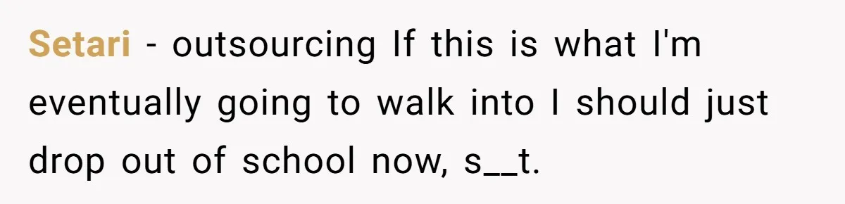 Setari − outsourcing If this is what I'm eventually going to walk into I should just drop out of school now, s__t.
