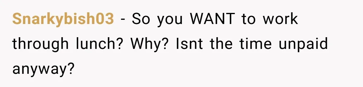 Snarkybish03 − So you WANT to work through lunch? Why? Isnt the time unpaid anyway?