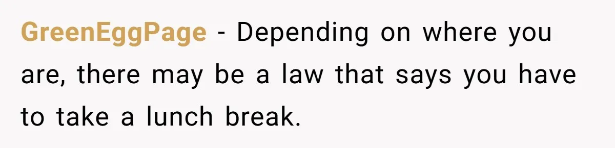 GreenEggPage − Depending on where you are, there may be a law that says you have to take a lunch break.