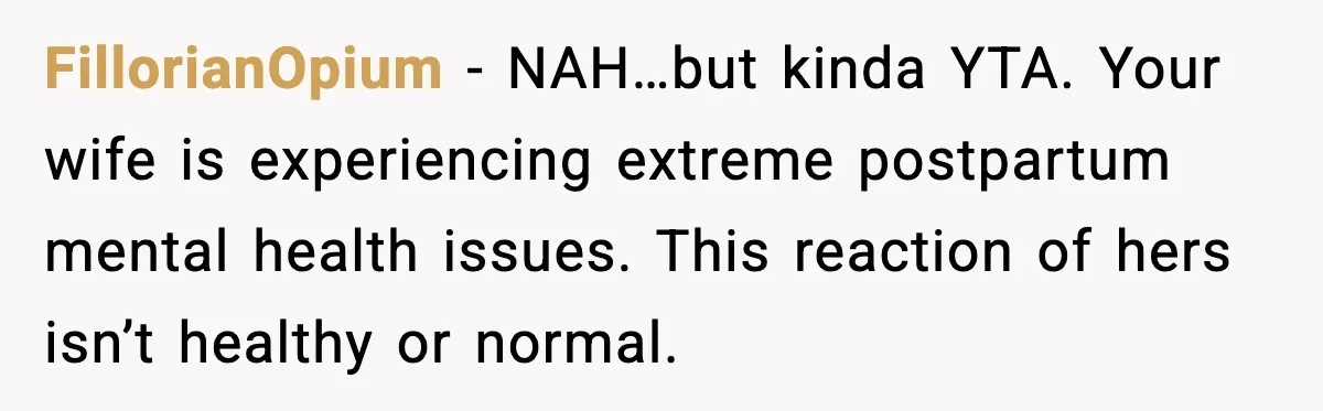 FillorianOpium − NAH…but kinda YTA. Your wife is experiencing extreme postpartum mental health issues. This reaction of hers isn’t healthy or normal.