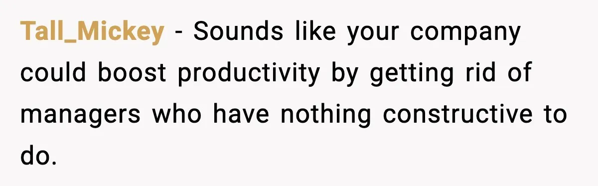Tall_Mickey - Sounds like your company could boost productivity by getting rid of managers who have nothing constructive to do.