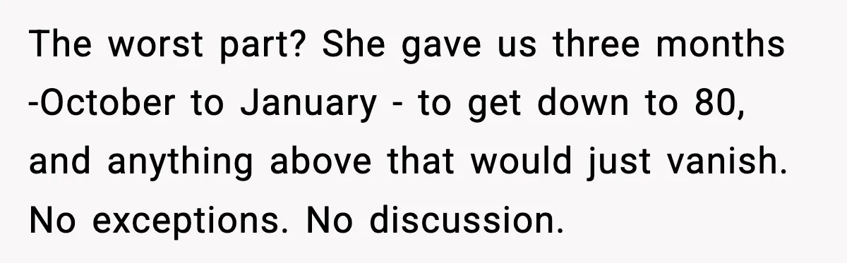 The worst part? She gave us three months -October to January - to get down to 80, and anything above that would just vanish. No exceptions. No discussion.