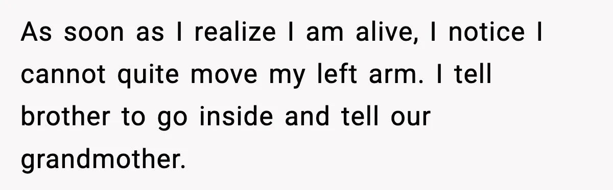 As soon as I realize I am alive, I notice I cannot quite move my left arm. I tell brother to go inside and tell our grandmother.