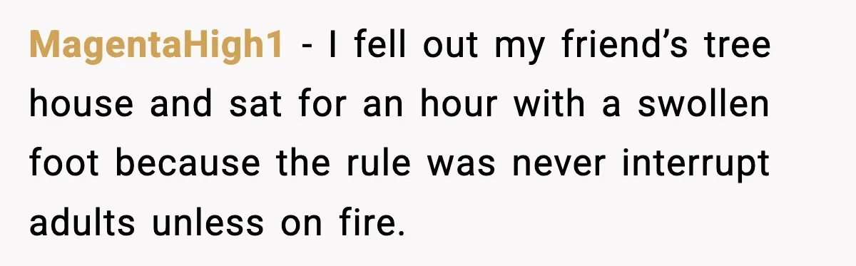 MagentaHigh1 - I fell out my friend’s tree house and sat for an hour with a swollen foot because the rule was never interrupt adults unless on fire.