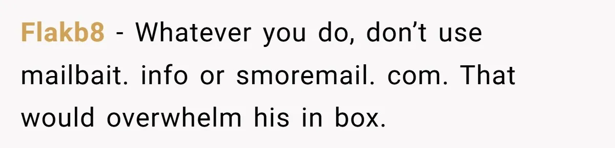 Flakb8 - Whatever you do, don’t use mailbait. info or smoremail. com. That would overwhelm his in box.