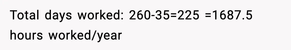 Total days worked: 260-35=225 =1687.5 hours worked/year
