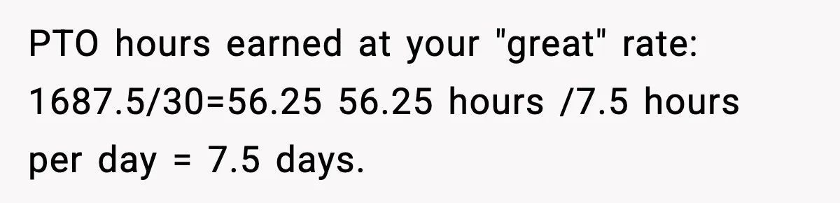 PTO hours earned at your "great" rate: 1687.5/30=56.25 56.25 hours /7.5 hours per day = 7.5 days.