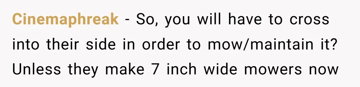 Cinemaphreak - So, you will have to cross into their side in order to mow/maintain it? Unless they make 7 inch wide mowers now
