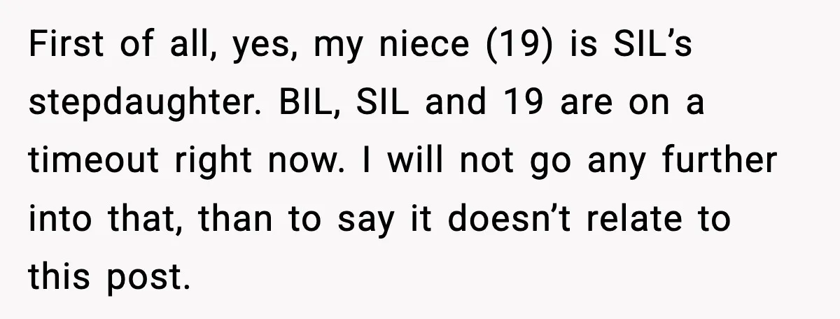 First of all, yes, my niece (19) is SIL’s stepdaughter. BIL, SIL and 19 are on a timeout right now. I will not go any further into that, than to...
