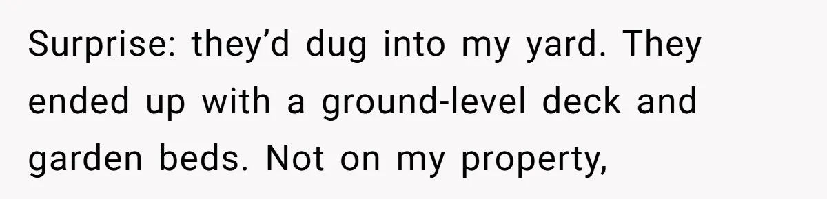 Surprise: they’d dug into my yard. They ended up with a ground-level deck and garden beds. Not on my property,