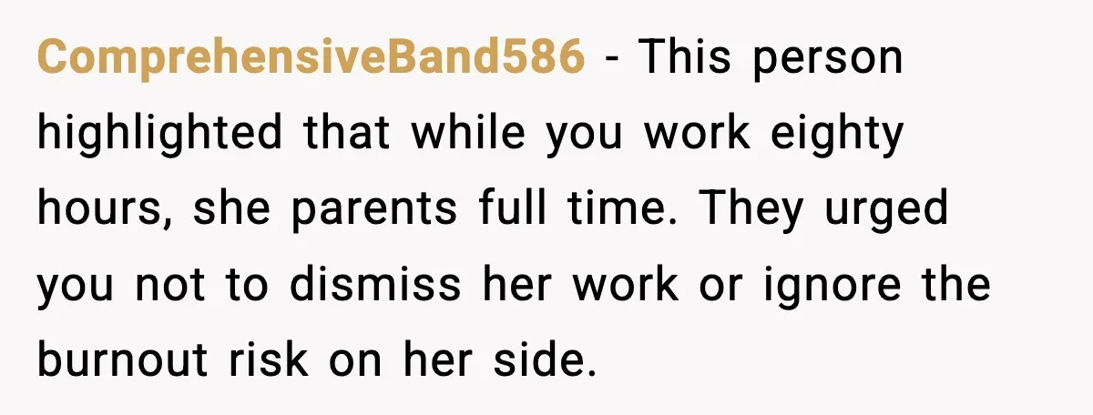 He Worked 24 Hours Straight, Then Refused Date Night With His Wife ComprehensiveBand586 - This person highlighted that while you work eighty hours, she parents full time. They urged you not to dismiss her work or ignore the burnout risk on her...