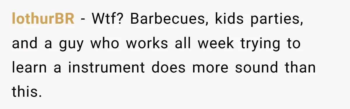 lothurBR - Wtf? Barbecues, kids parties, and a guy who works all week trying to learn a instrument does more sound than this.