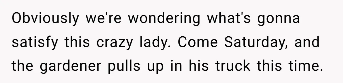 Obviously we're wondering what's gonna satisfy this crazy lady. Come Saturday, and the gardener pulls up in his truck this time.
