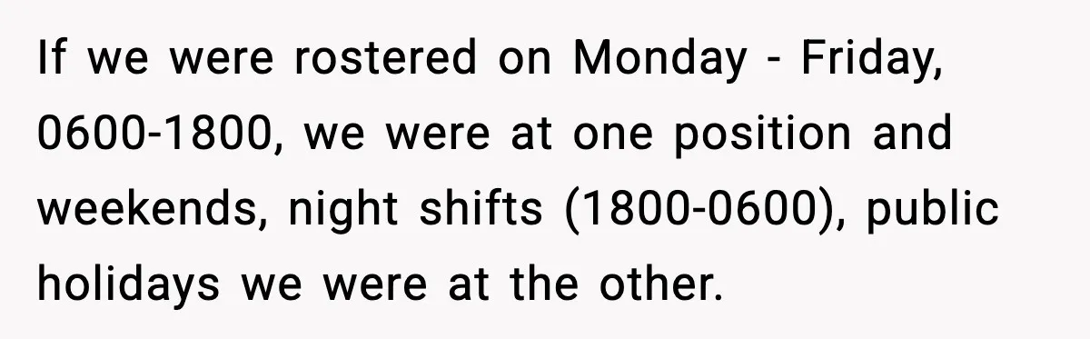 If we were rostered on Monday - Friday, 0600-1800, we were at one position and weekends, night shifts (1800-0600), public holidays we were at the other.