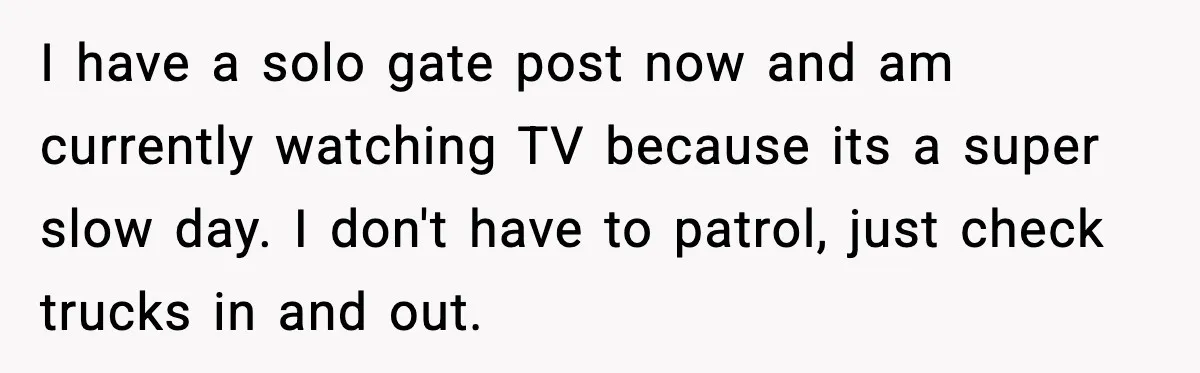I have a solo gate post now and am currently watching TV because its a super slow day. I don't have to patrol, just check trucks in and out.