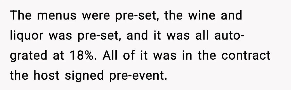 The menus were pre-set, the wine and liquor was pre-set, and it was all auto-grated at 18%. All of it was in the contract the host signed pre-event.