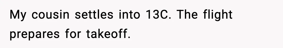 My cousin settles into 13C. The flight prepares for takeoff.