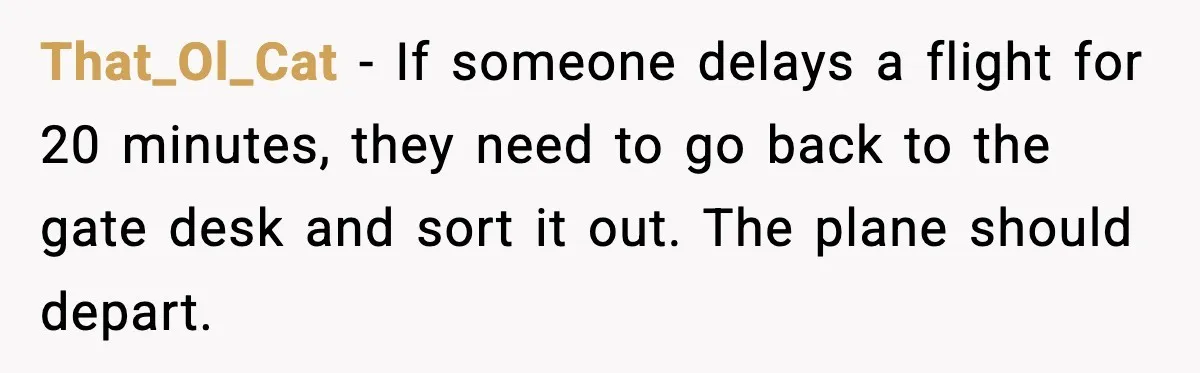 That_Ol_Cat - If someone delays a flight for 20 minutes, they need to go back to the gate desk and sort it out. The plane should depart.