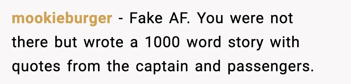 mookieburger - Fake AF. You were not there but wrote a 1000 word story with quotes from the captain and passengers.