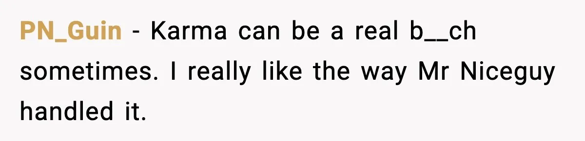 PN_Guin − Karma can be a real b__ch sometimes. I really like the way Mr Niceguy handled it.