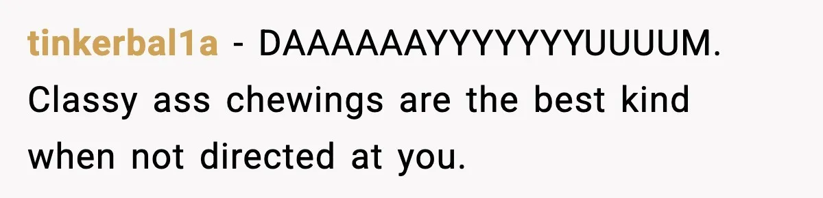 tinkerbal1a − DAAAAAAYYYYYYYUUUUM. Classy ass chewings are the best kind when not directed at you.