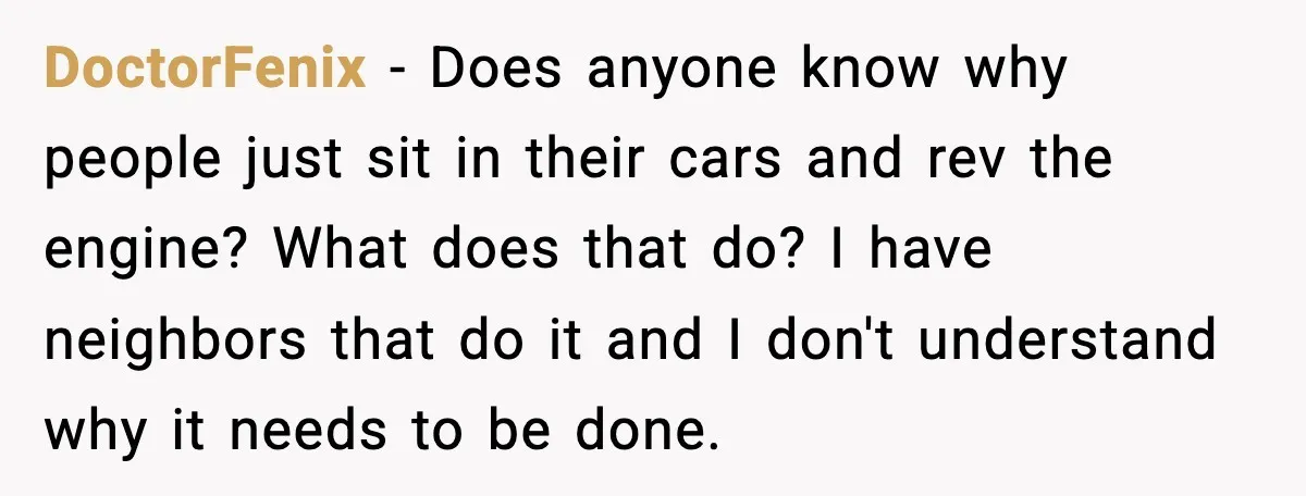 Seat for seat, decibel for decibel: how one quiet neighbor humbled a car bro DoctorFenix - Does anyone know why people just sit in their cars and rev the engine? What does that do? I have neighbors that do it and I don't understand...