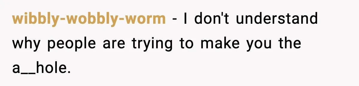 wibbly-wobbly-worm − I don't understand why people are trying to make you the a__hole.