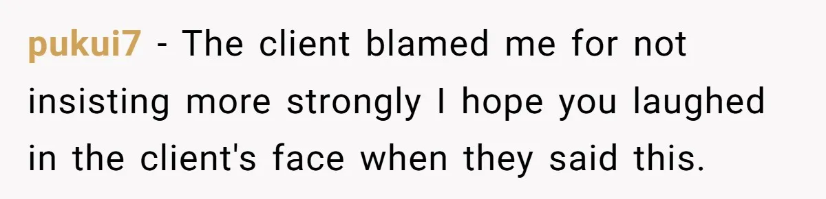 pukui7 - The client blamed me for not insisting more strongly I hope you laughed in the client's face when they said this.