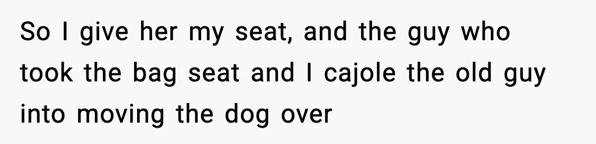 So I give her my seat, and the guy who took the bag seat and I cajole the old guy into moving the dog over
