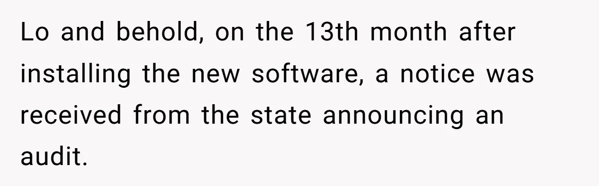 Lo and behold, on the 13th month after installing the new software, a notice was received from the state announcing an audit.
