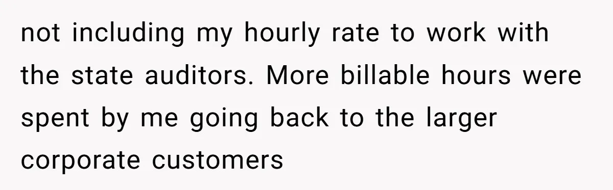 not including my hourly rate to work with the state auditors. More billable hours were spent by me going back to the larger corporate customers