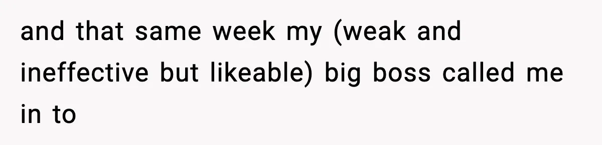 and that same week my (weak and ineffective but likeable) big boss called me in to