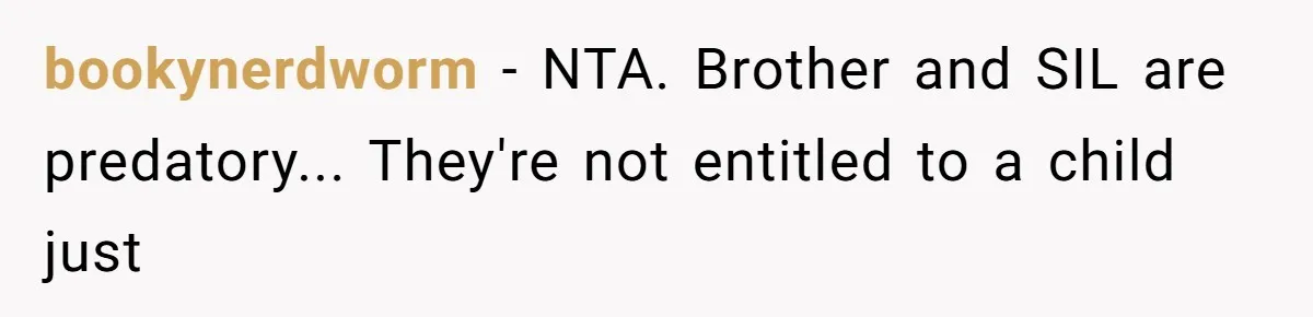 bookynerdworm - NTA. Brother and SIL are predatory... They're not entitled to a child just