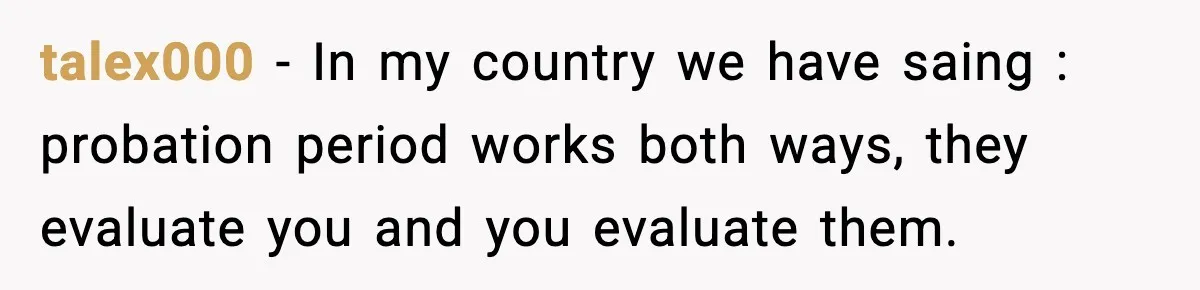 talex000 − In my country we have saing : probation period works both ways, they evaluate you and you evaluate them.