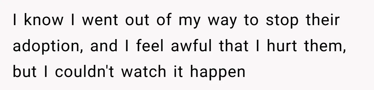 I know I went out of my way to stop their adoption, and I feel awful that I hurt them, but I couldn't watch it happen
