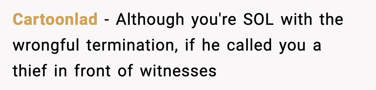 Boss Suspends Teen Worker For “Stealing,” Then Demands He Train His Replacement Cartoonlad − Although you're SOL with the wrongful termination, if he called you a thief in front of witnesses