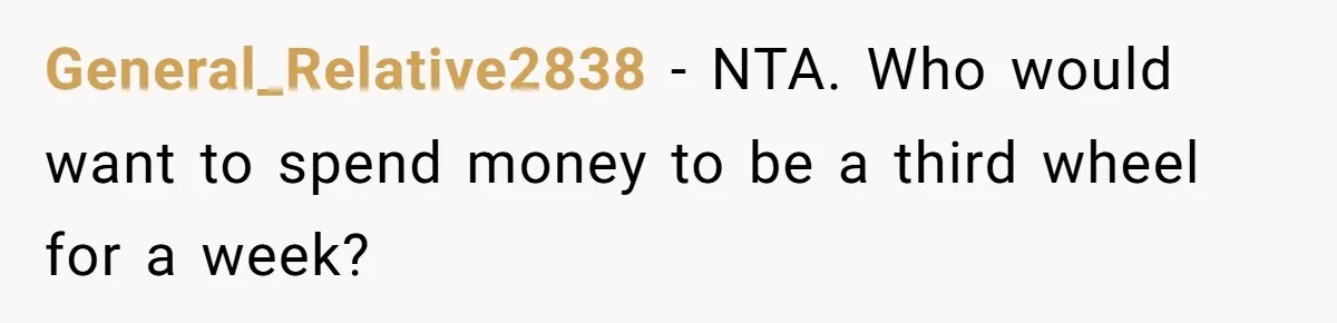 General_Relative2838 - NTA. Who would want to spend money to be a third wheel for a week?