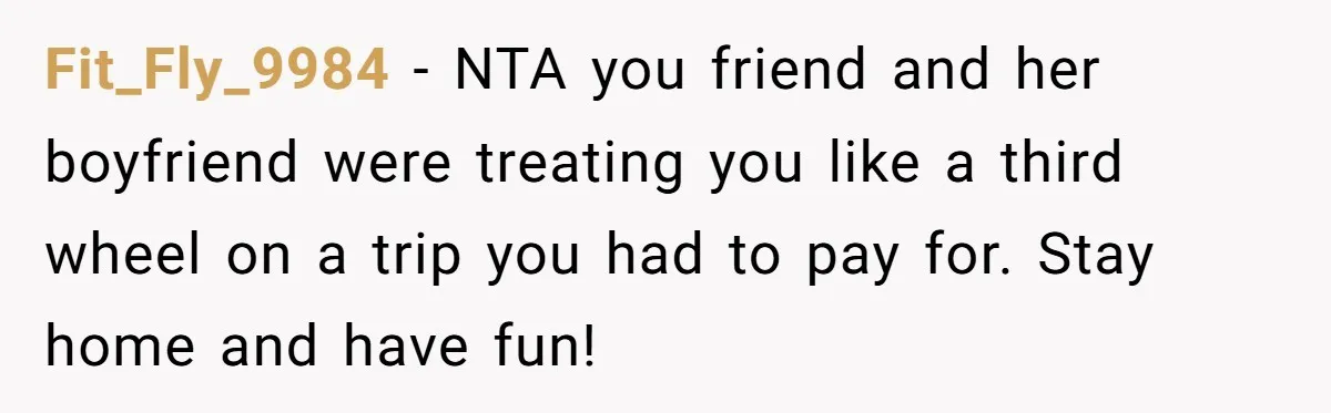 Fit_Fly_9984 - NTA you friend and her boyfriend were treating you like a third wheel on a trip you had to pay for. Stay home and have fun!