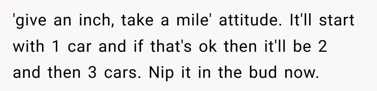 Woman Says No to Neighbor, His Vile Response Proves She Was Right 'give an inch, take a mile' attitude. It'll start with 1 car and if that's ok then it'll be 2 and then 3 cars. Nip it in the bud now.