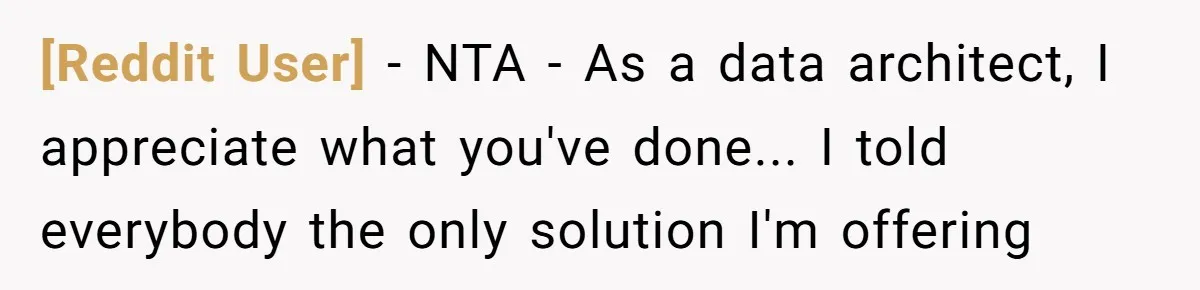[Reddit User] - NTA - As a data architect, I appreciate what you've done... I told everybody the only solution I'm offering
