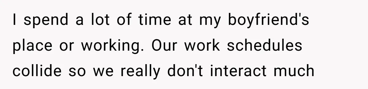 I spend a lot of time at my boyfriend's place or working. Our work schedules collide so we really don't interact much