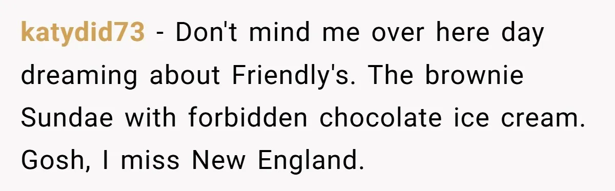 katydid73 - Don't mind me over here day dreaming about Friendly's. The brownie Sundae with forbidden chocolate ice cream. Gosh, I miss New England.