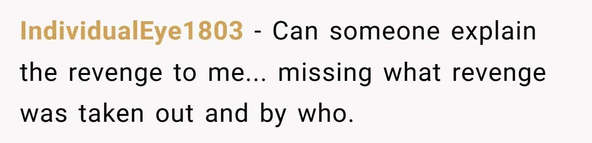 IndividualEye1803 - Can someone explain the revenge to me... missing what revenge was taken out and by who.