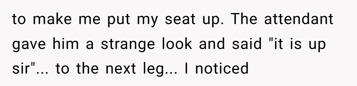 Airplane Know-It-All Tries to Tattle, Gets Beautifully Played by Passenger to make me put my seat up. The attendant gave him a strange look and said "it is up sir"... to the next leg... I noticed