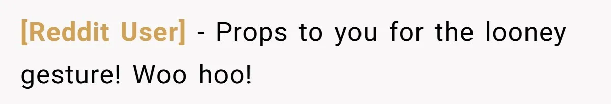 [Reddit User] - Props to you for the looney gesture! Woo hoo!