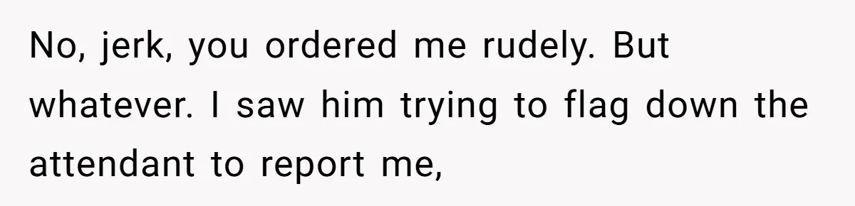 Airplane Know-It-All Tries to Tattle, Gets Beautifully Played by Passenger No, jerk, you ordered me rudely. But whatever. I saw him trying to flag down the attendant to report me,