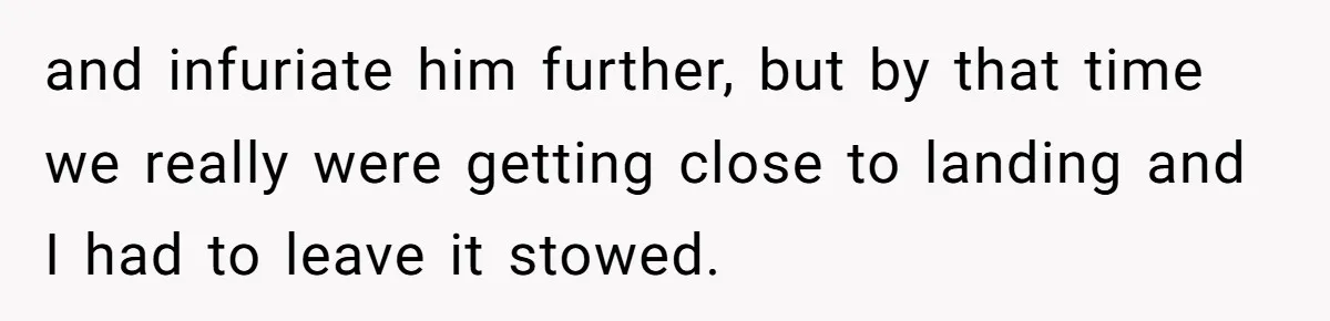 Airplane Know-It-All Tries to Tattle, Gets Beautifully Played by Passenger and infuriate him further, but by that time we really were getting close to landing and I had to leave it stowed.