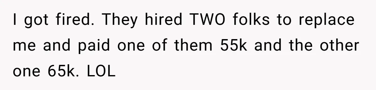 I got fired. They hired TWO folks to replace me and paid one of them 55k and the other one 65k. LOL